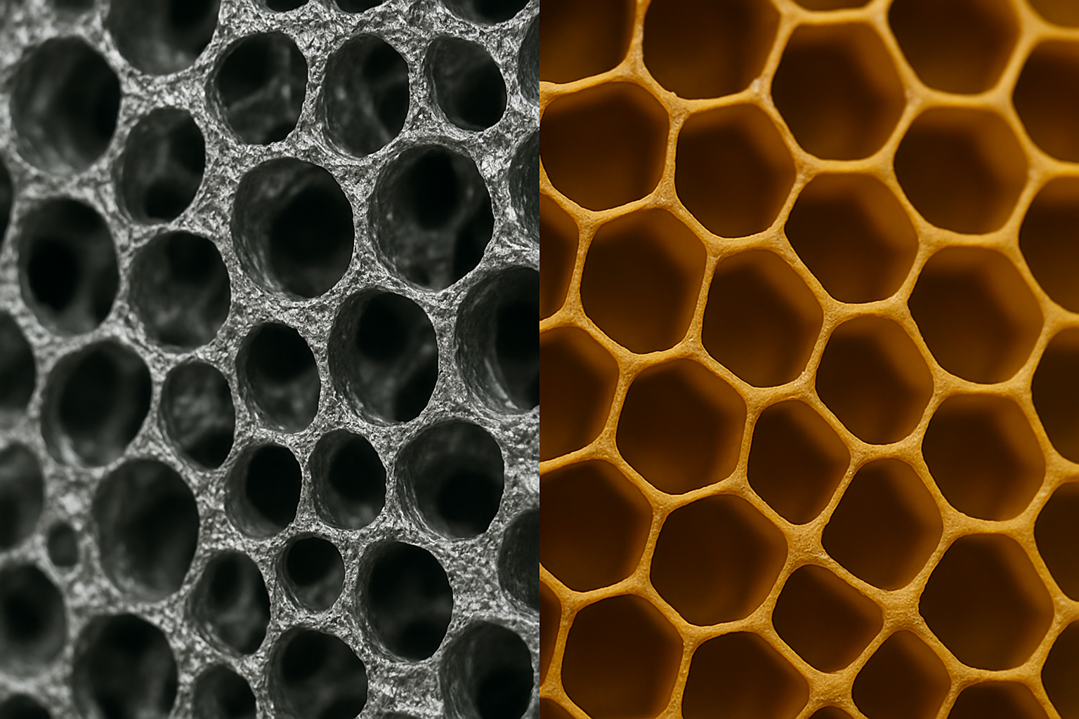 Comparație spumă metalică cu un fagure