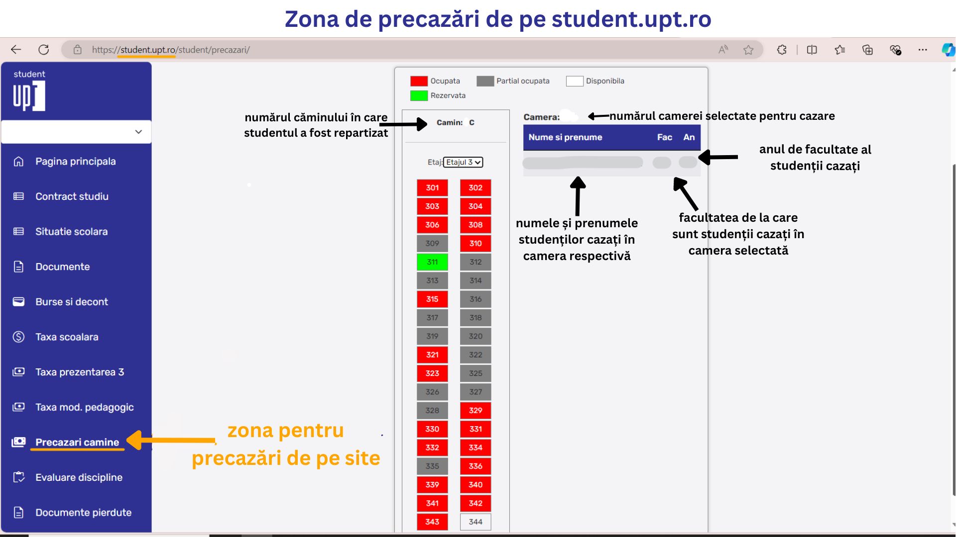 Zona de precazări de pe student.upt.ro